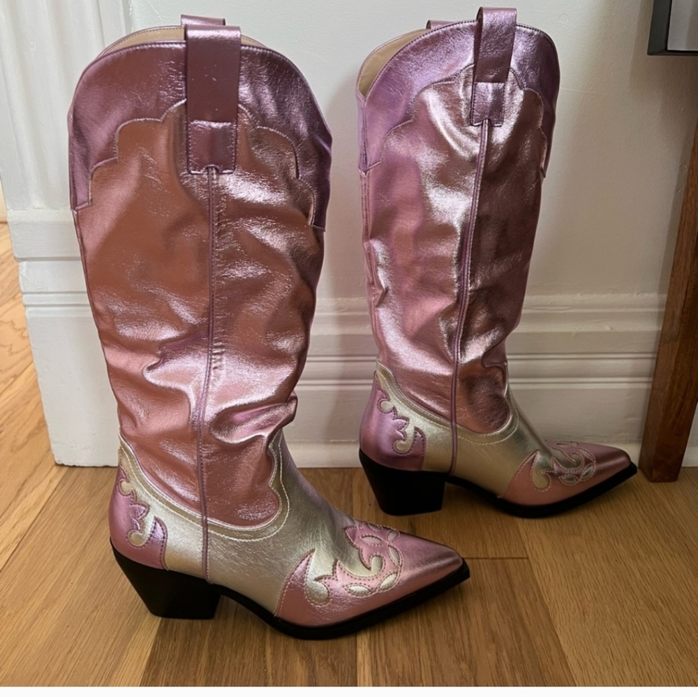 NEW Azalea Wang Hendrix Boots - Pink Silver Fashion Cowgirl Style Boots  Size 10